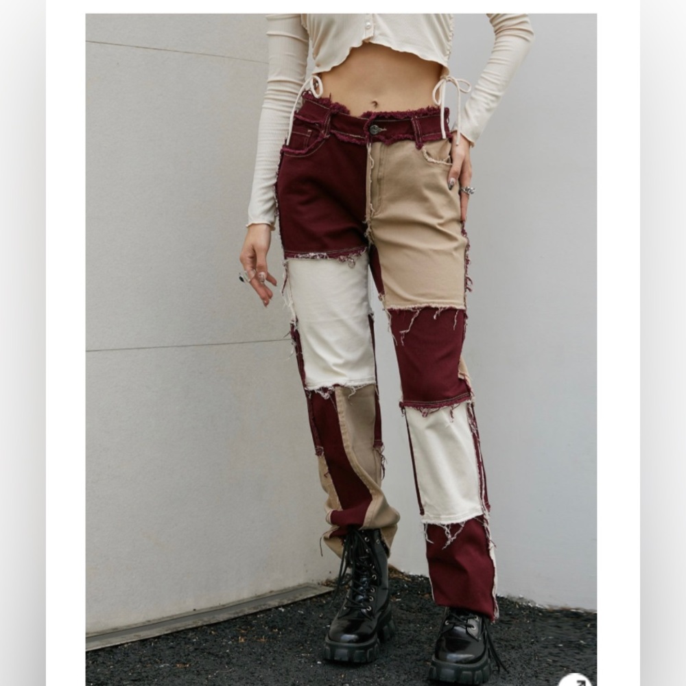 Pastel Brown Patchwork Denim Patch Flare Jean Str… - image 1